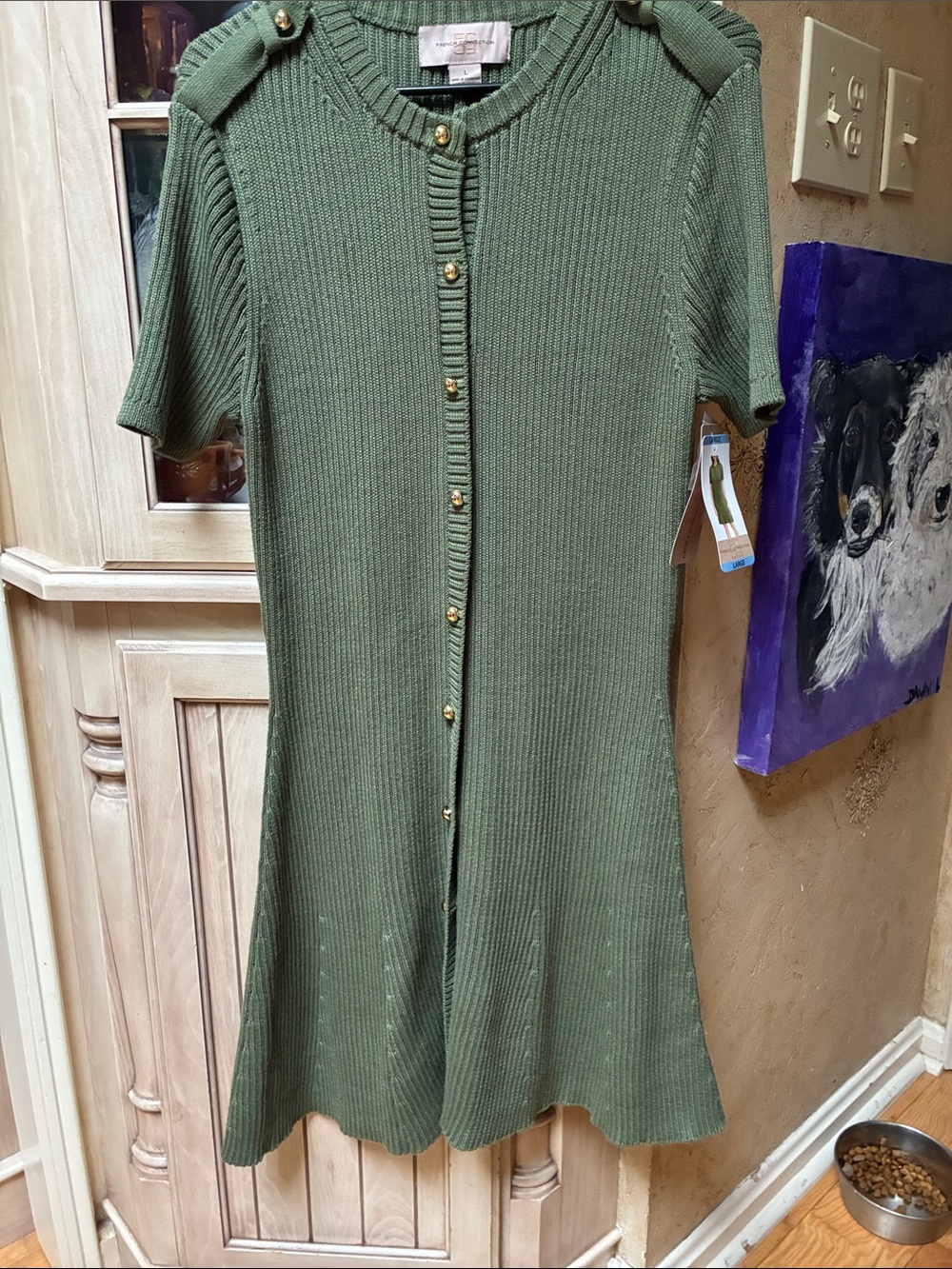 French Connection Olive Green Ribbed Button Cardigan dress